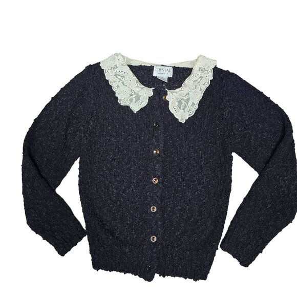 Vintage Crystal Sportswear Ltd Black Cardigan With Lace Collar Size S - Picture 6 of 6